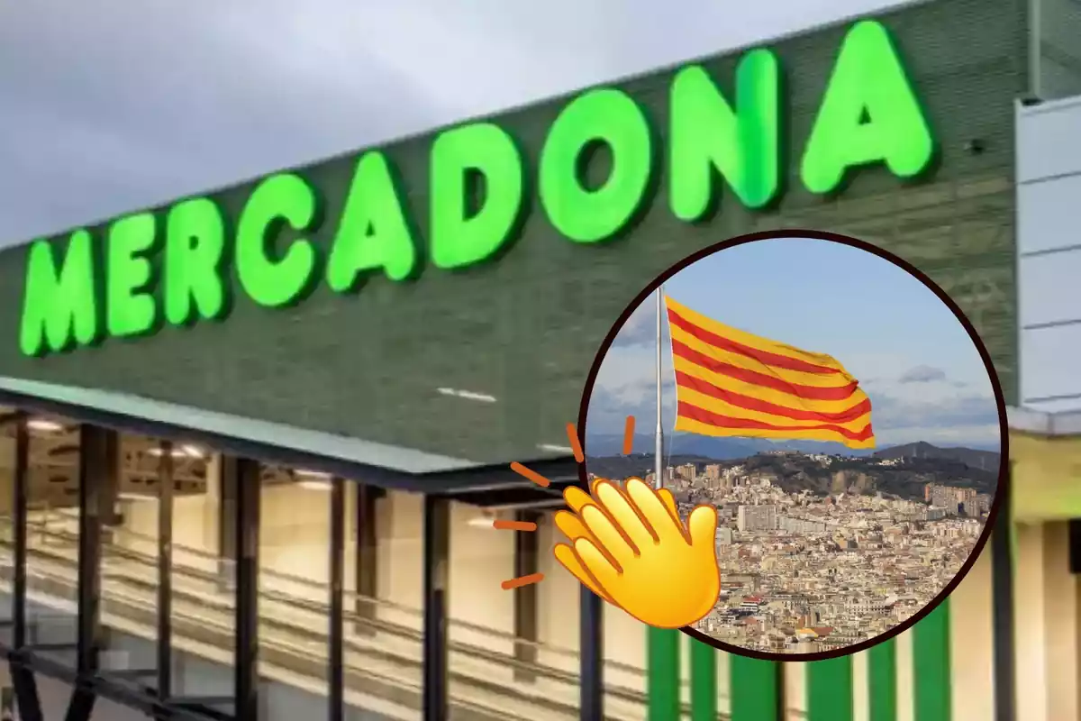 Muntatge d'una imatge de Mercadona de fons al costat d'una imatge d'una bandera de catalunya al castell de Montjuïc