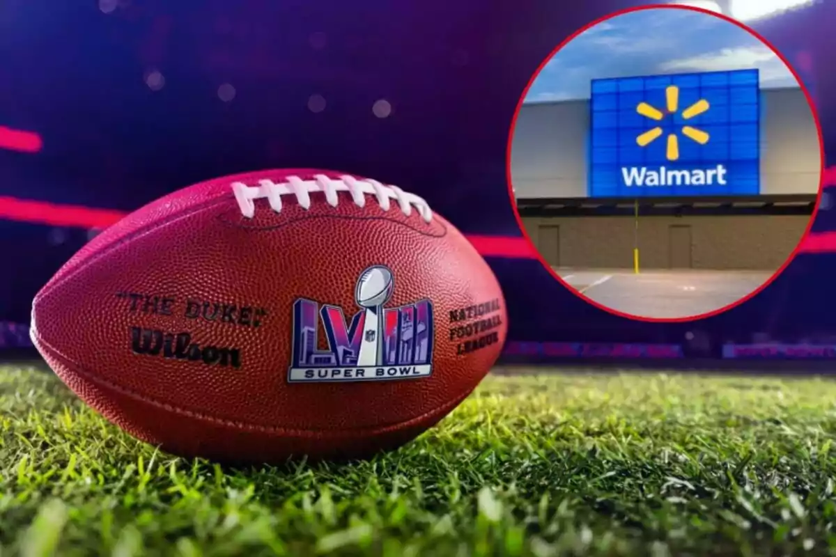 A football on grass with a Super Bowl logo and a circular image of a Walmart store in the background.