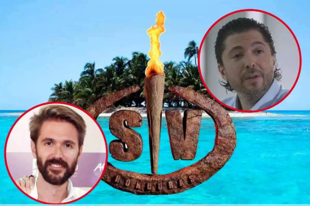 Muntatge amb una illa, el logo de 'Supervivientes' i Manuel Velasco i Ángel Cristo somrient