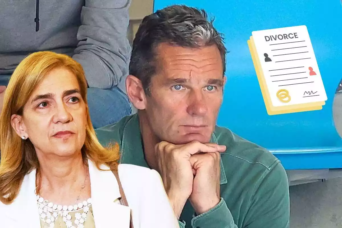 Muntatge d'Iñaki Urdangarin recolzant el cap a les mans, la infanta Cristina seriosa i uns papers de divorci