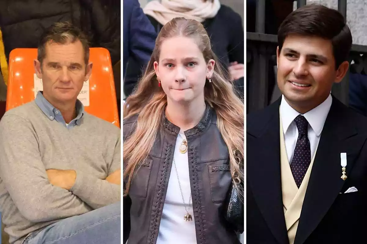 Muntatge d'Iñaki Urdangarin seriós amb els braços plegats, Irene Urdangarin amb els llavis estrets i caçadora marró i Juan Urquijo somrient en vestit negre Muntatge d'Iñaki Urdangarin seriós amb els braços plegats, Irene Urdangarin amb els llavis estrets i caçadora marró i Juan Urquijo somrient en vestit negre