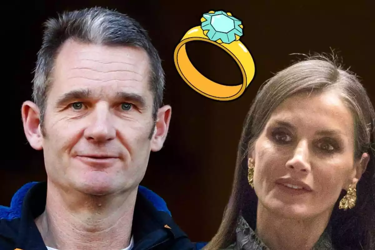 Muntatge d'Iñaki Urdangarin somrient amb una jaqueta blava, Letizia seriosa amb arracades daurades i un anell amb diamant