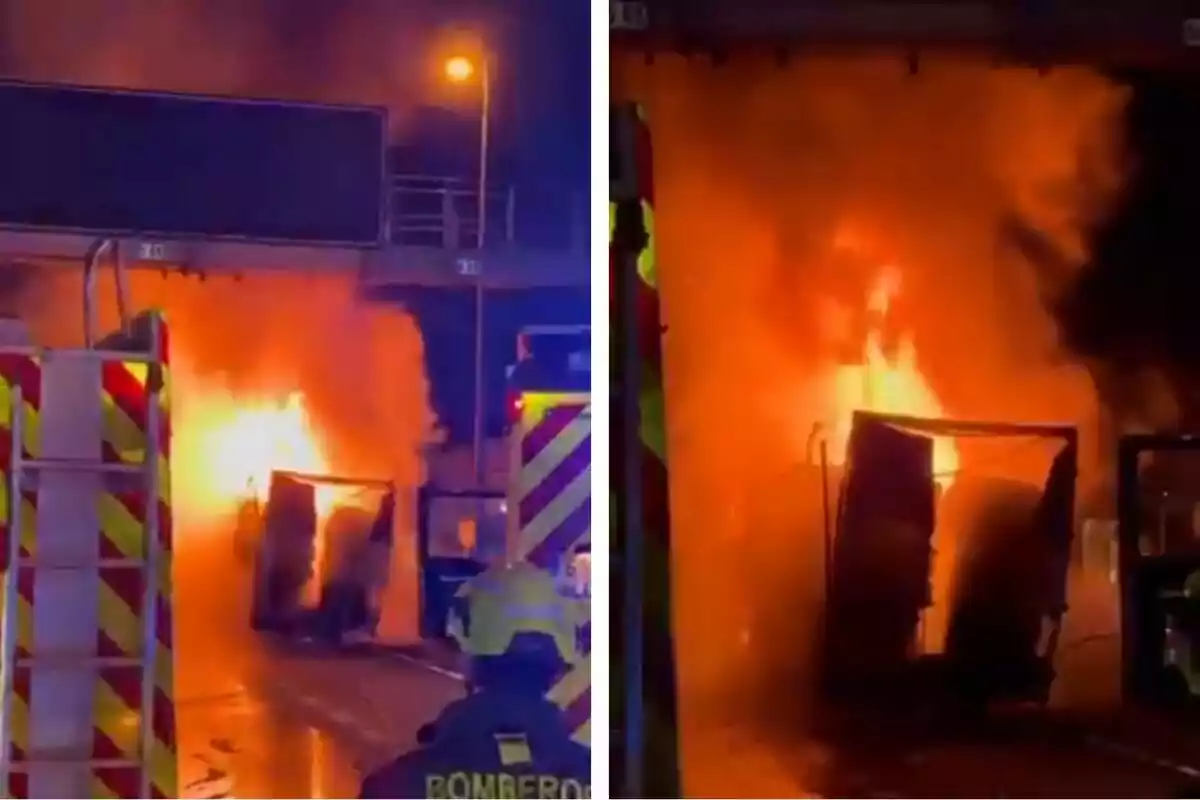 Un camión en llamas en una carretera con la presencia de bomberos y vehículos de emergencia.