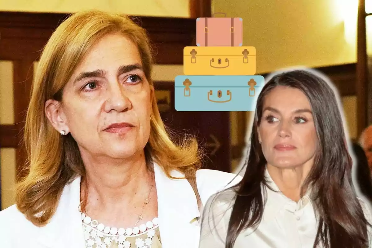 La infanta Cristina i Letizia en un entorn interior amb un gràfic de maletes apilades al fons.