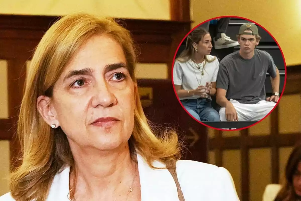 La infanta Cristina amb expressió seriosa en primer pla, amb una imatge circular inserida a la cantonada superior dreta que mostra Olympia Beracasa i Miguel Urdangarin asseguda, la dona porta una samarreta blanca i l'home una samarreta grisa i gorra verda.