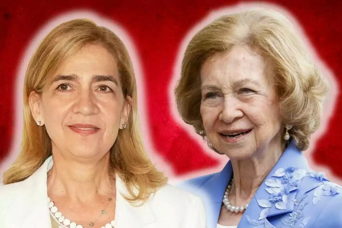 Infanta Cristina and Queen Sofía posing together in front of a red background.