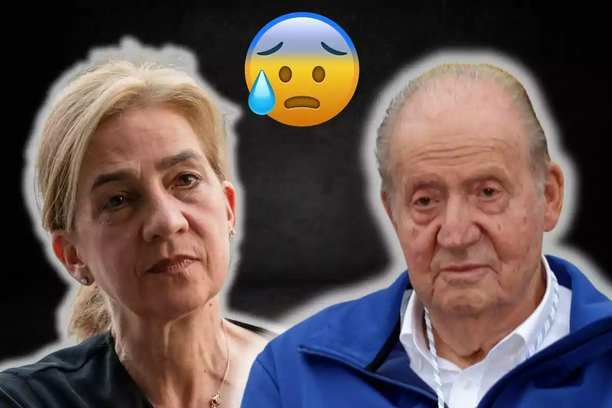 La infanta Cristina y Juan Carlos I con una expresión seria, acompañadas de un emoji de cara triste con una lágrima.