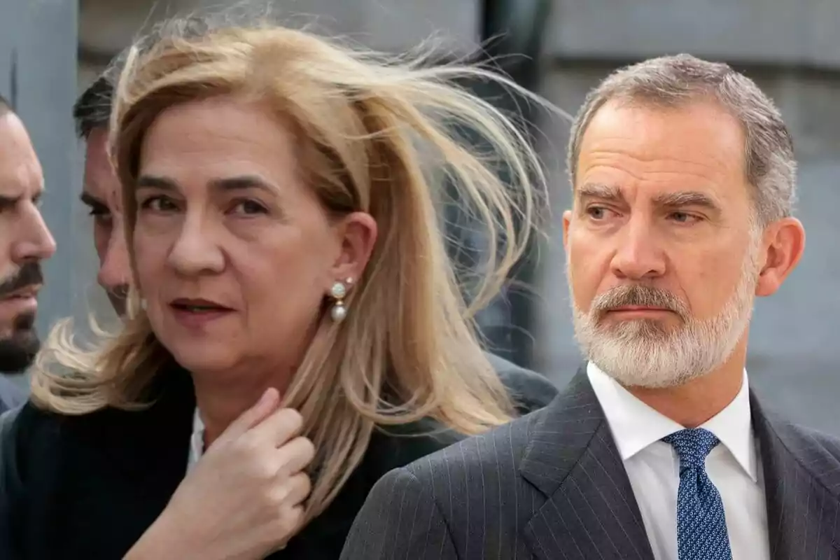Muntatge de la infanta Cristina seriosa amb la mà al coll i Felip VI seriós mirant de banda en vestit gris i corbata blava