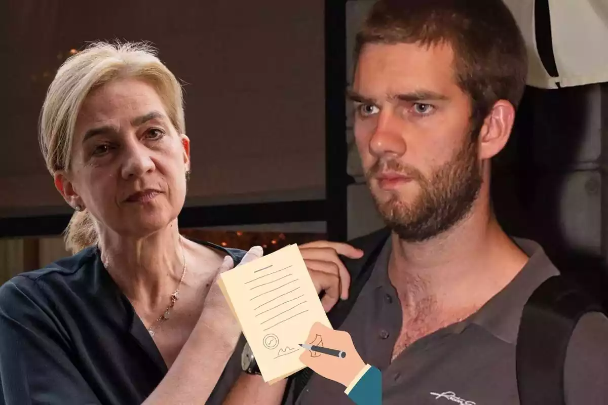 Muntatge amb la infanta Cristina seria amb els cabells recollits i una mà a l'espatlla, Juan Urdangarin seria amb una motxilla i una mà signant un document