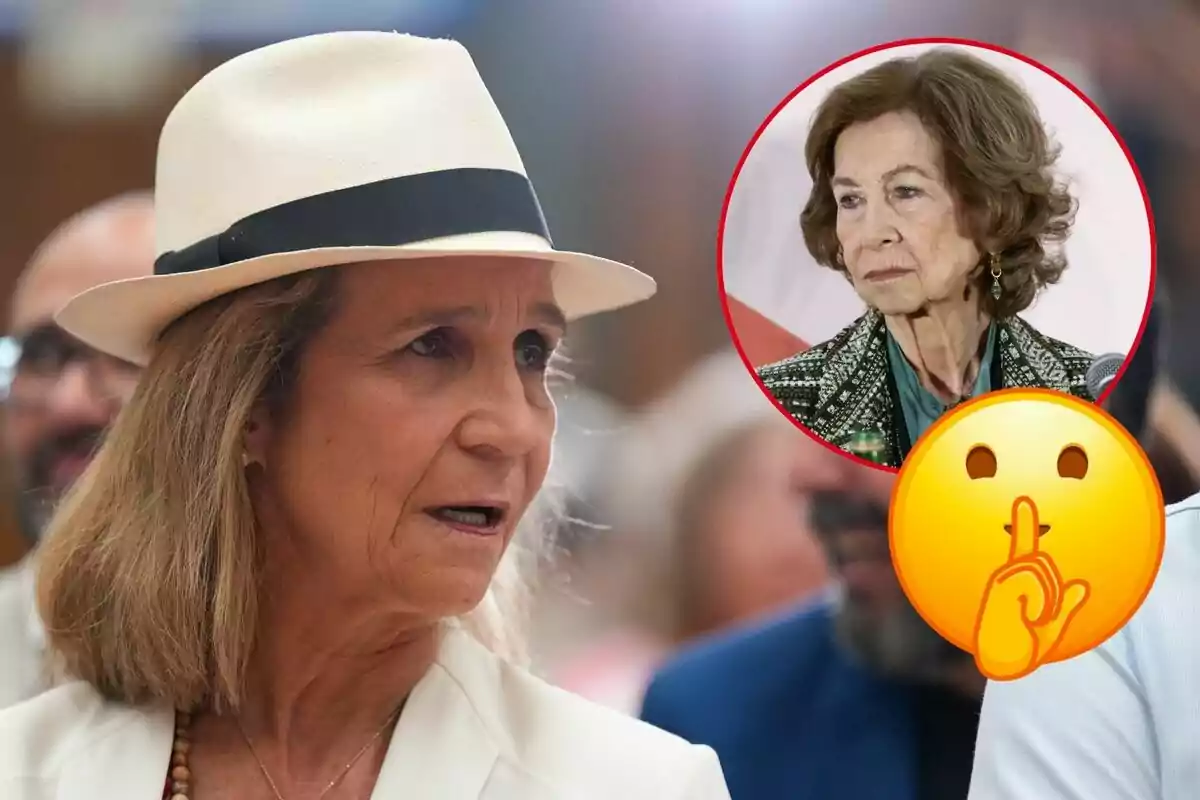 La infanta Elena amb barret blanc apareix en primer pla, mentre que a la cantonada superior dreta hi ha un cercle vermell amb la imatge de la reina Sofia i un emoji de silenci.