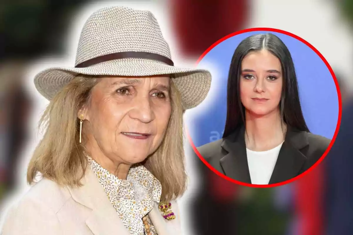 La infanta Elena con sombrero y Victoria Federica joven en un círculo rojo sobre un fondo azul.