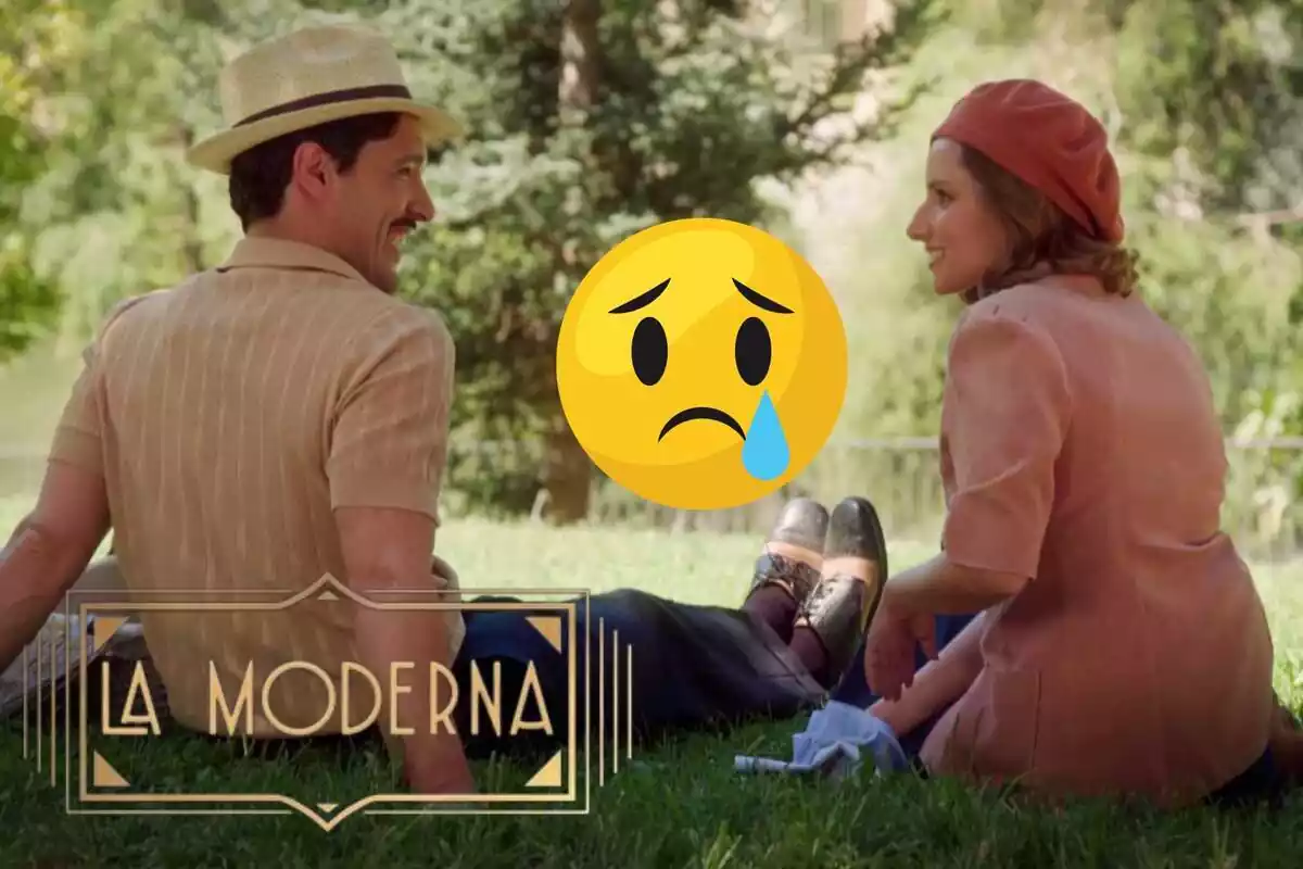 Muntatge de 'La Moderna' amb Íñigo i Matilde asseguts a la gespa, el logo de la sèrie i un emoji trist