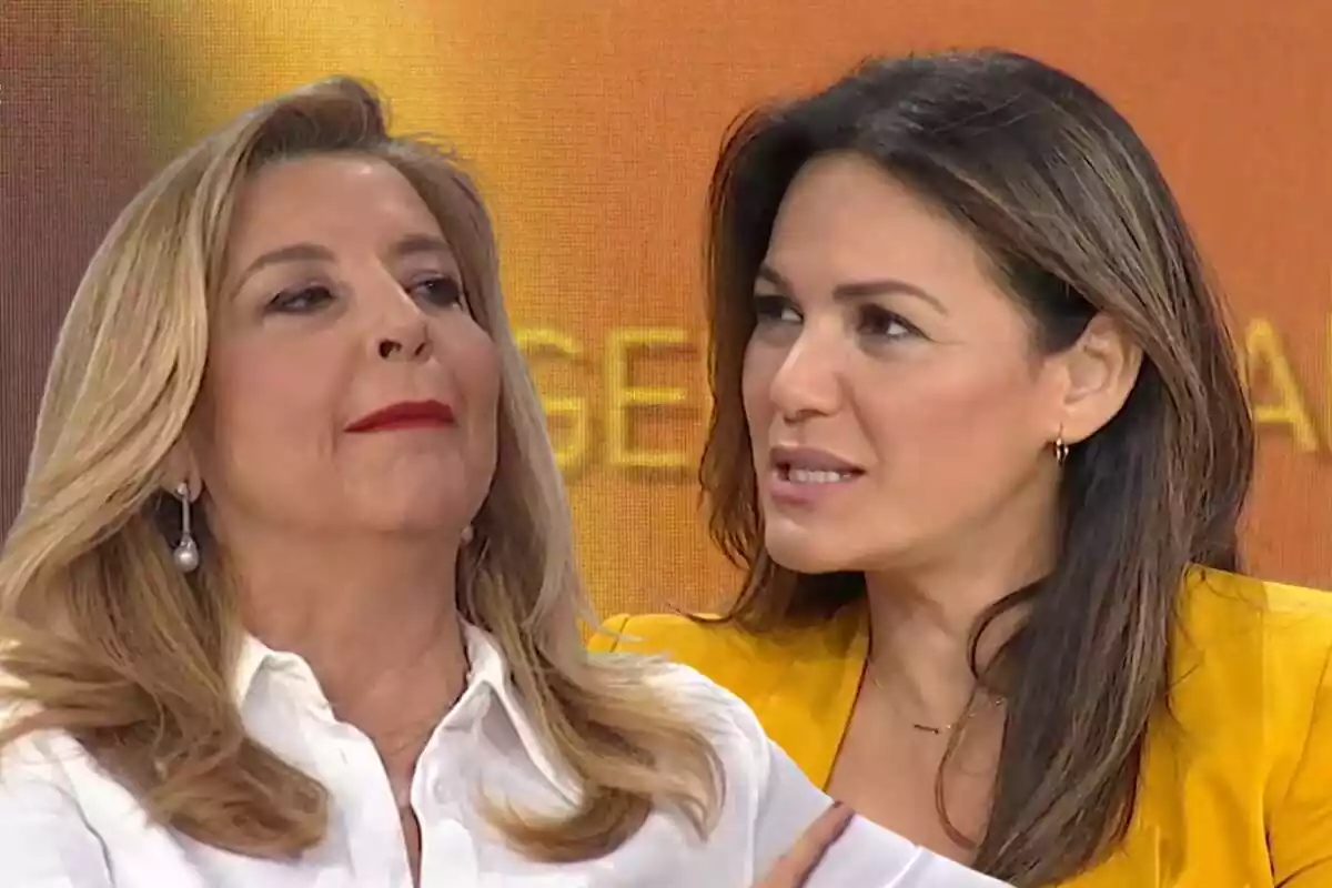 Muntatge d'Immaculada Casal amb els llavis estrets i una camisa blanca, i Fabiola Martínez parlant amb una blazer groga