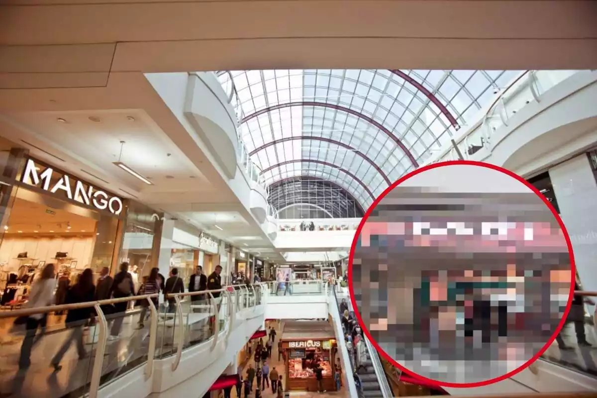 Muntatge de l'interior del centre comercial Diagonal Mar i una botiga Hawkers pixelada