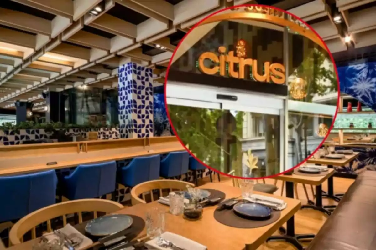 Un restaurante moderno con decoración azul y mesas preparadas, con un detalle ampliado de la entrada que muestra el nombre "citrus".