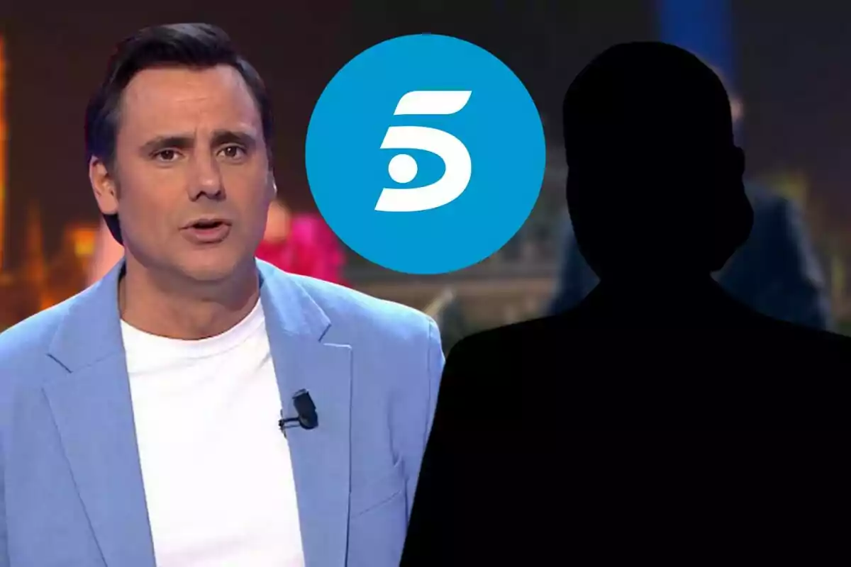 Ion Aramendi amb jaqueta blava i samarreta blanca apareix amb un logotip blau de Telecincoo i la silueta d'una persona en negre.