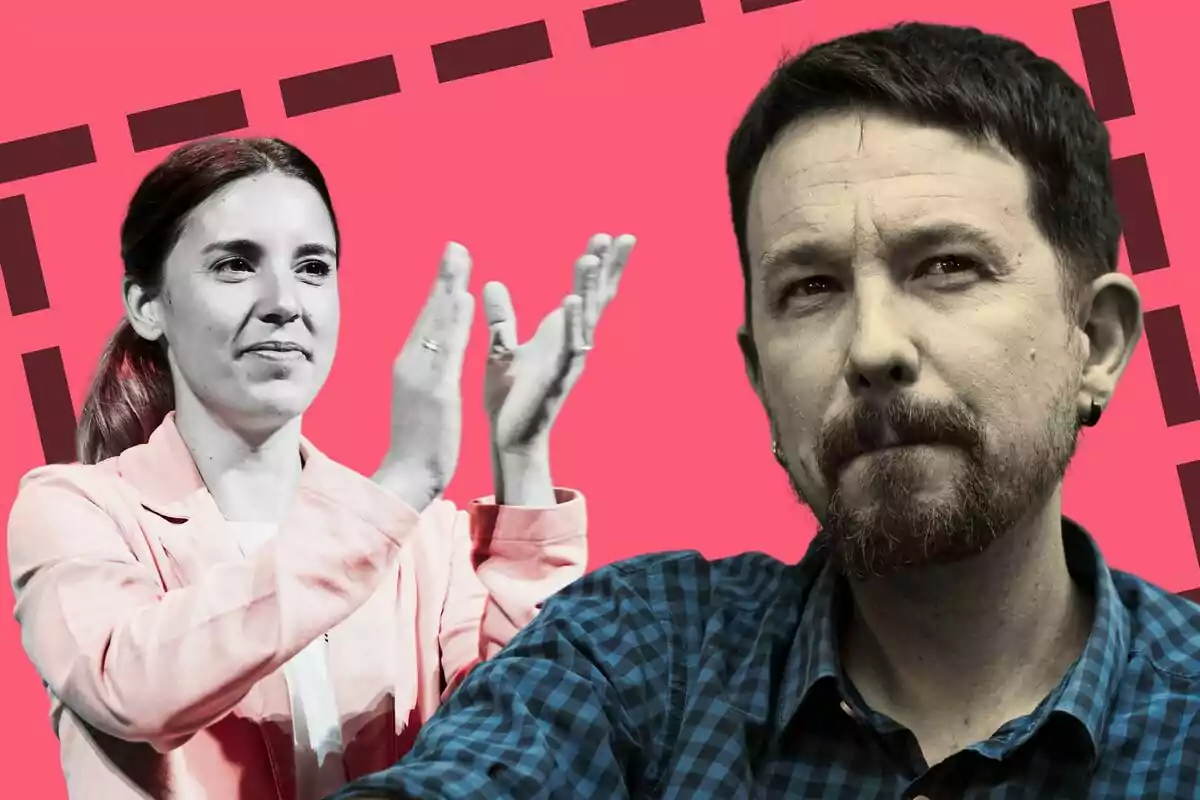 Irene Montero aplaudint i Pablo Iglesias en primer pla amb un fons rosa amb disseny geomètric.