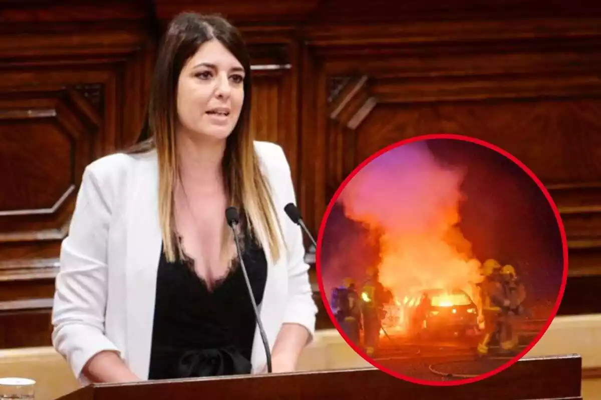 Muntatge de la diputade de Junts Irene Negre i el seu cotxe en flames