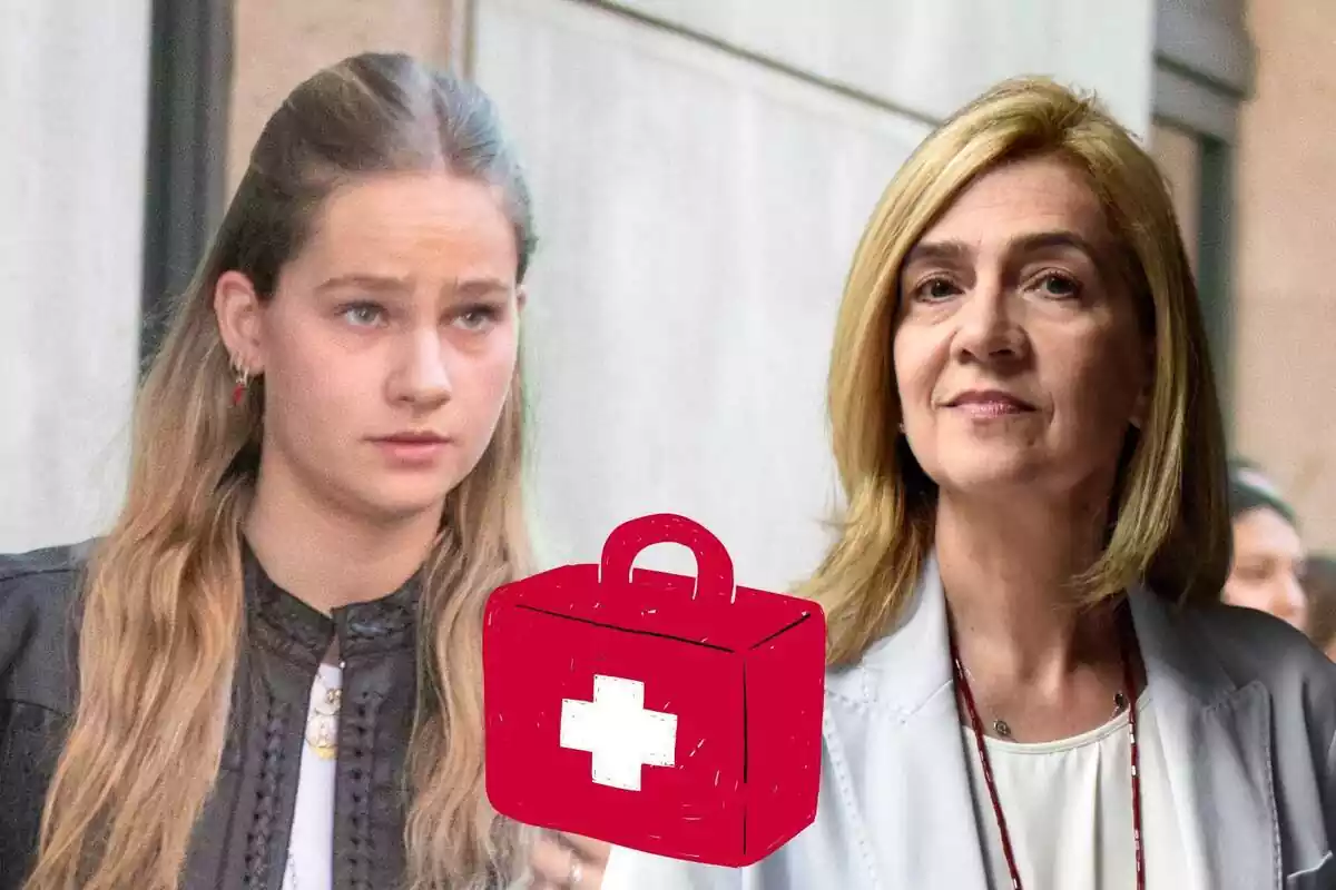 Muntatge amb Irene Urdangarin amb rostre neutre i una jaqueta de cuir, la infanta Cristina somrient vestida de blanc i una maleta vermella amb una creu blanca