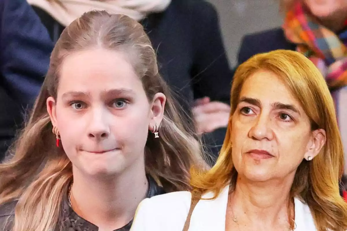 Muntatge d'Irene Urdangarin amb els llavis estrets i la infanta Cristina seriosa