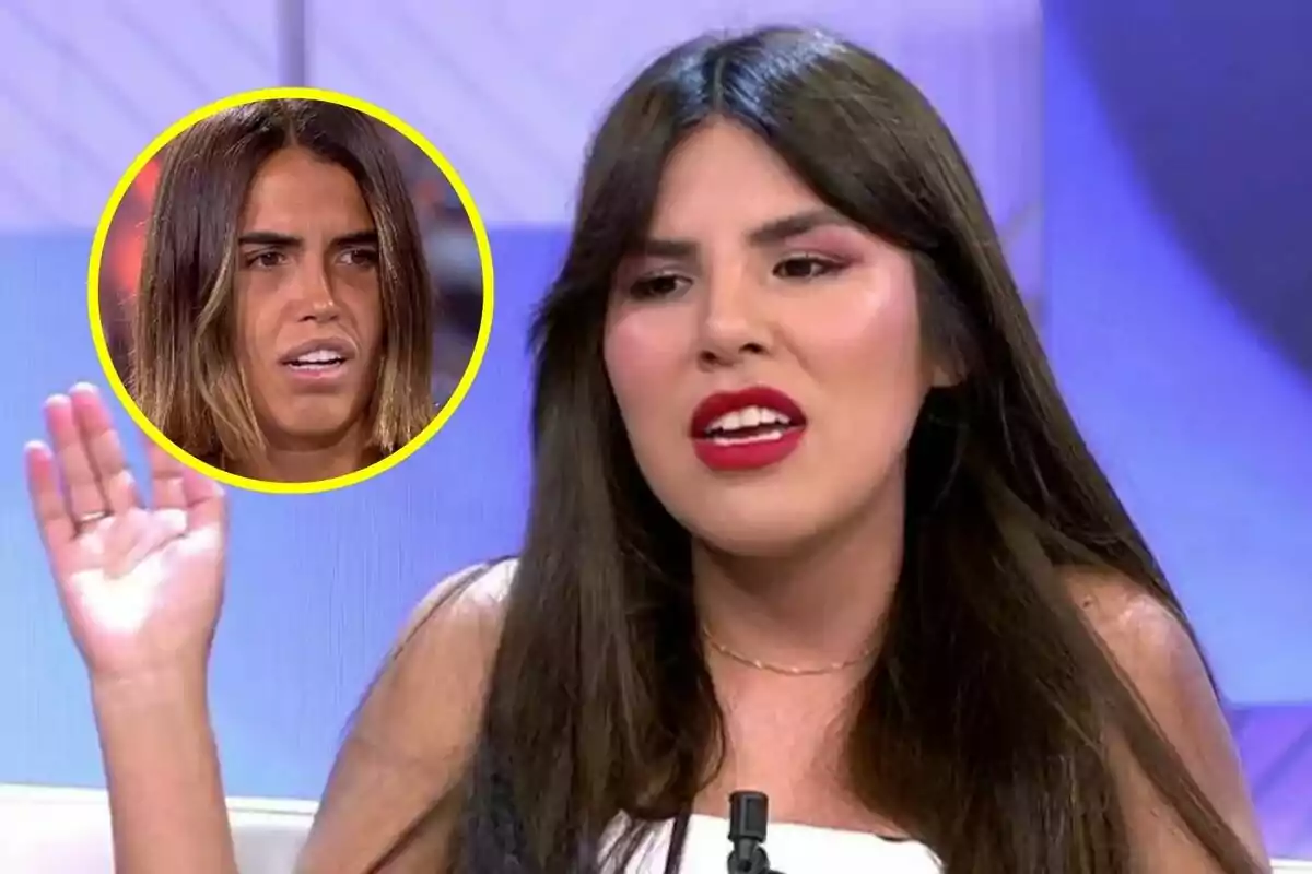 Montaje de Isa Pantoja con labios rojos y cabello largo está hablando en el plató de Vamos a ver, mientras que en la esquina superior izquierda hay un círculo amarillo con la imagen de Sofía Suescun con expresión de sorpresa en Supervivientes.