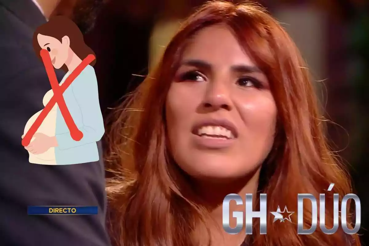 Muntatge d'Isa Pantoja a 'GH Duo' parlant amb els cabells pèl-rojos, el logo del programa, una embarassada i una creu vermella