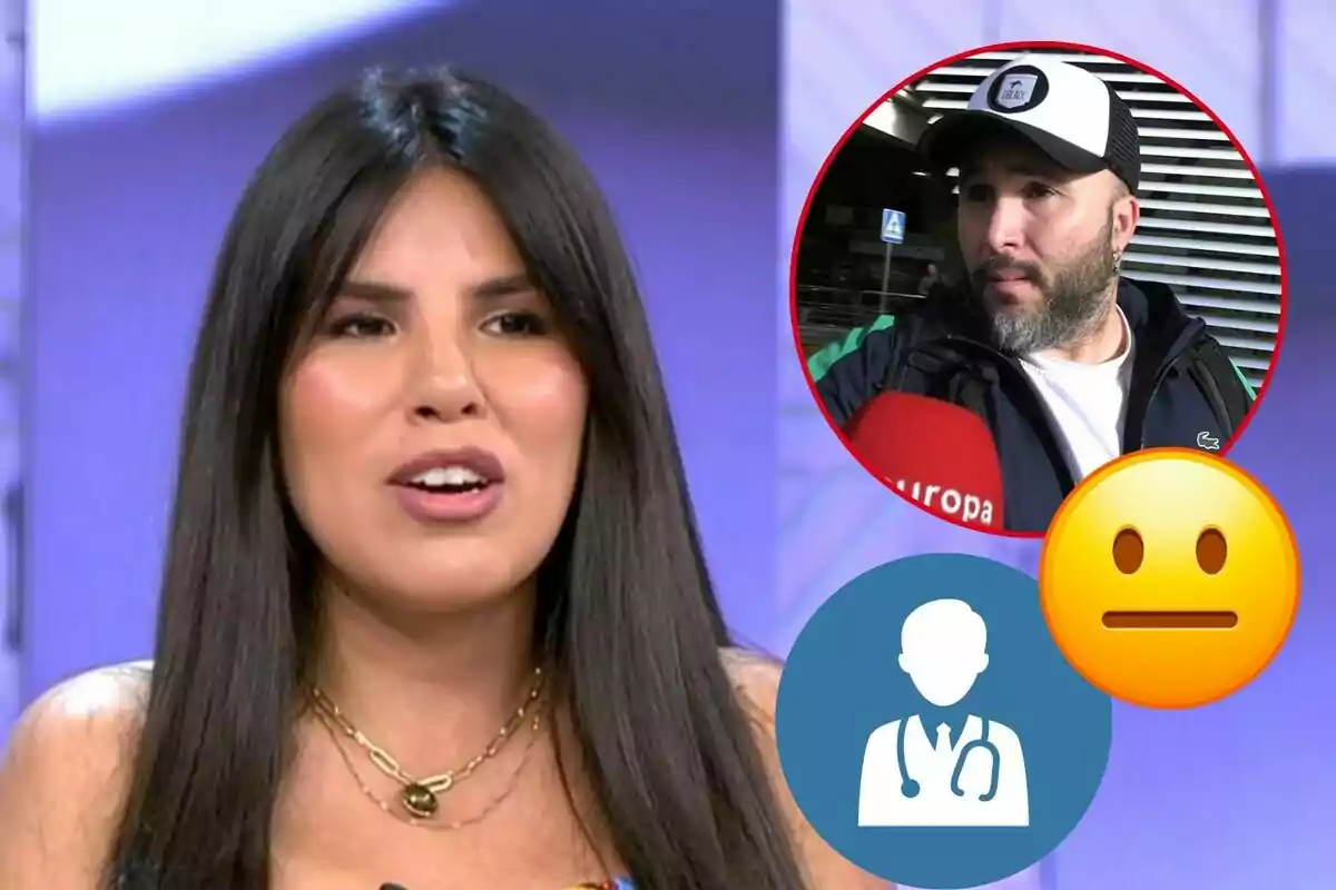 Isa Pantoja de cabell llarg i fosc parlant en un programa de televisió, amb una imatge circular de Kiko Rivera amb gorra i barba a la cantonada superior dreta, acompanyada d'una icona de metge i un emoji neutral.