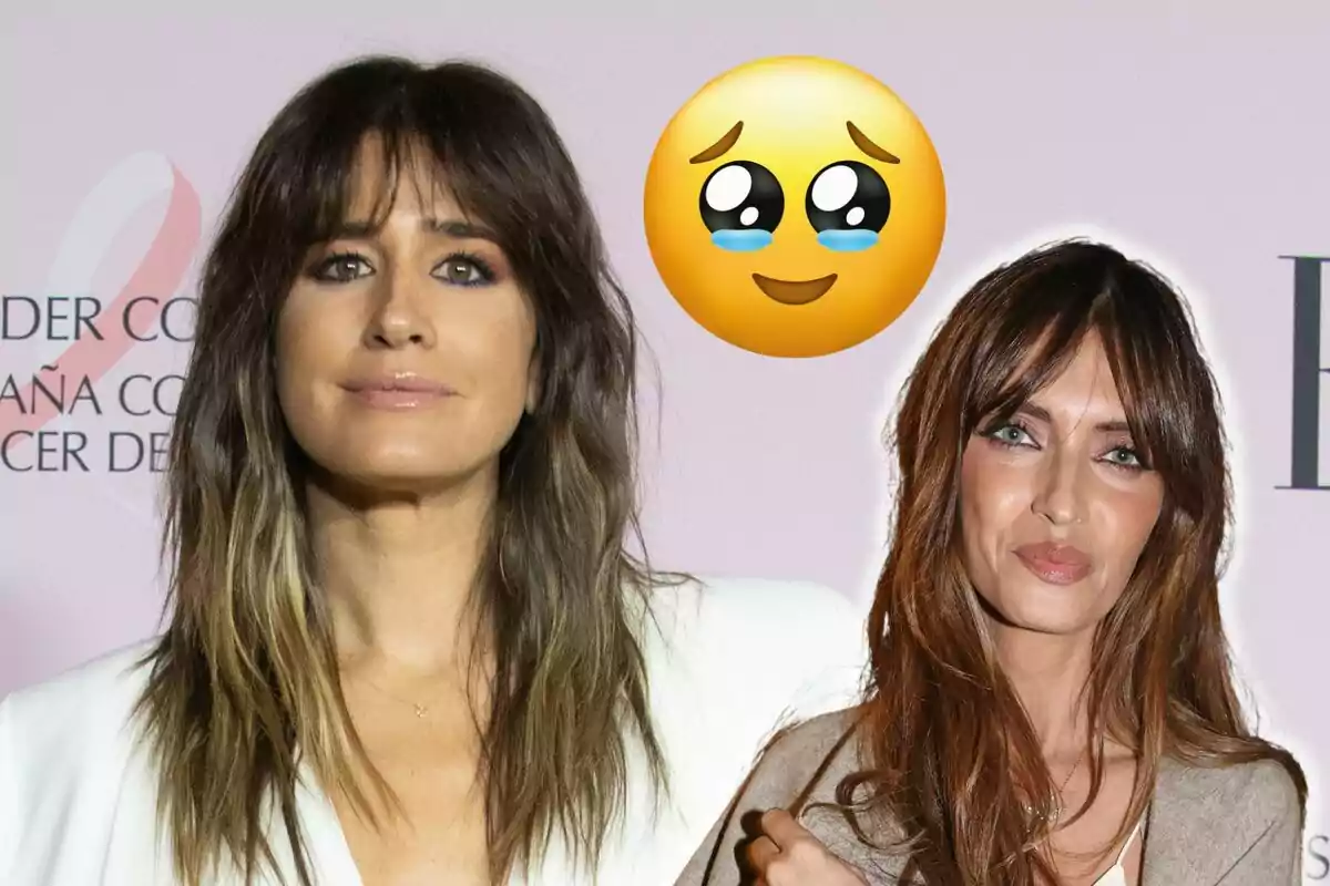 Isabel Jiménez i Sara Carbonero posant juntes davant d'un fons amb un llaç rosa i un emoji de careta amb ulls brillants.