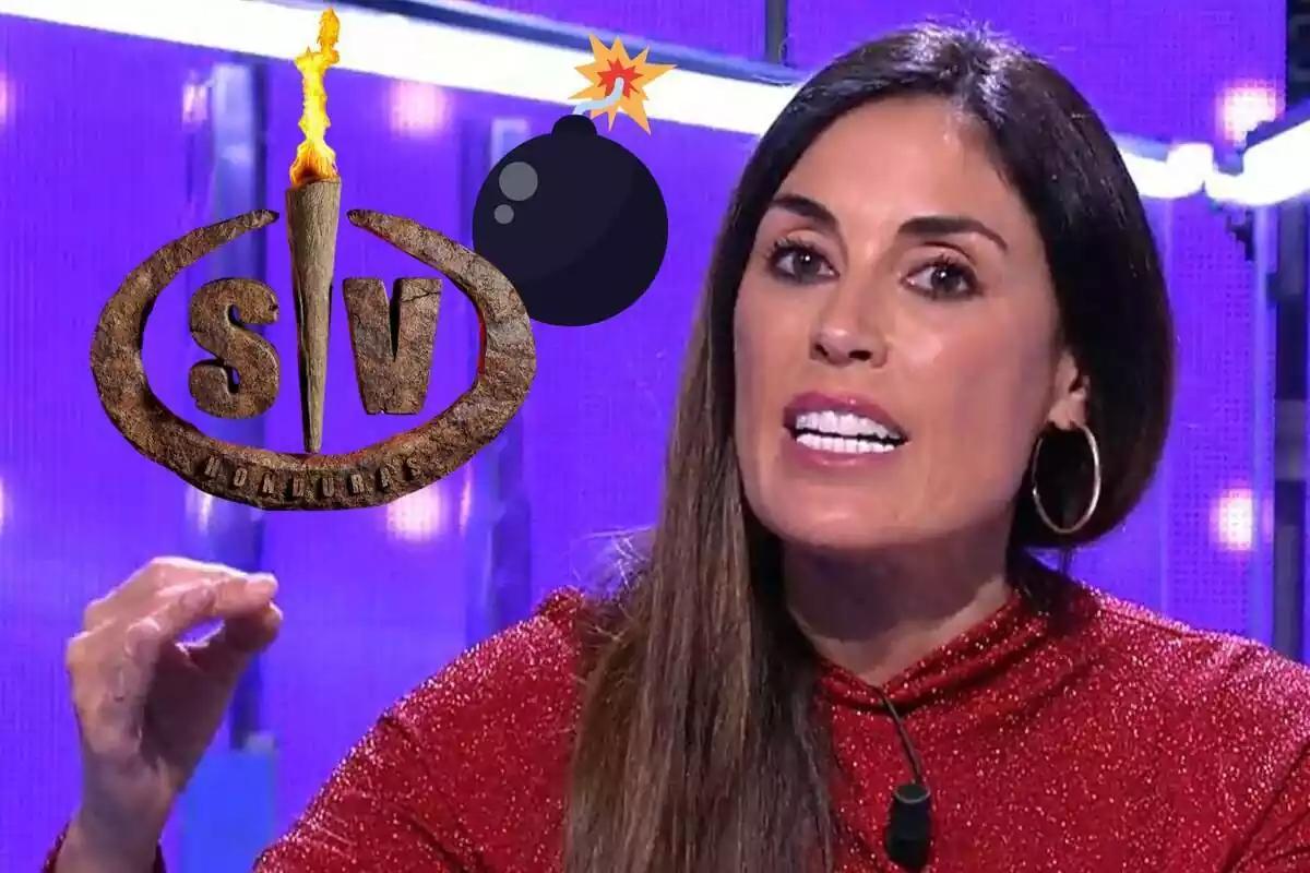 Muntatge d'Isabel Rábago parlant amb els cabells de banda i un vestit vermell brillant, el logotip de 'Supervivientes' i una bomba