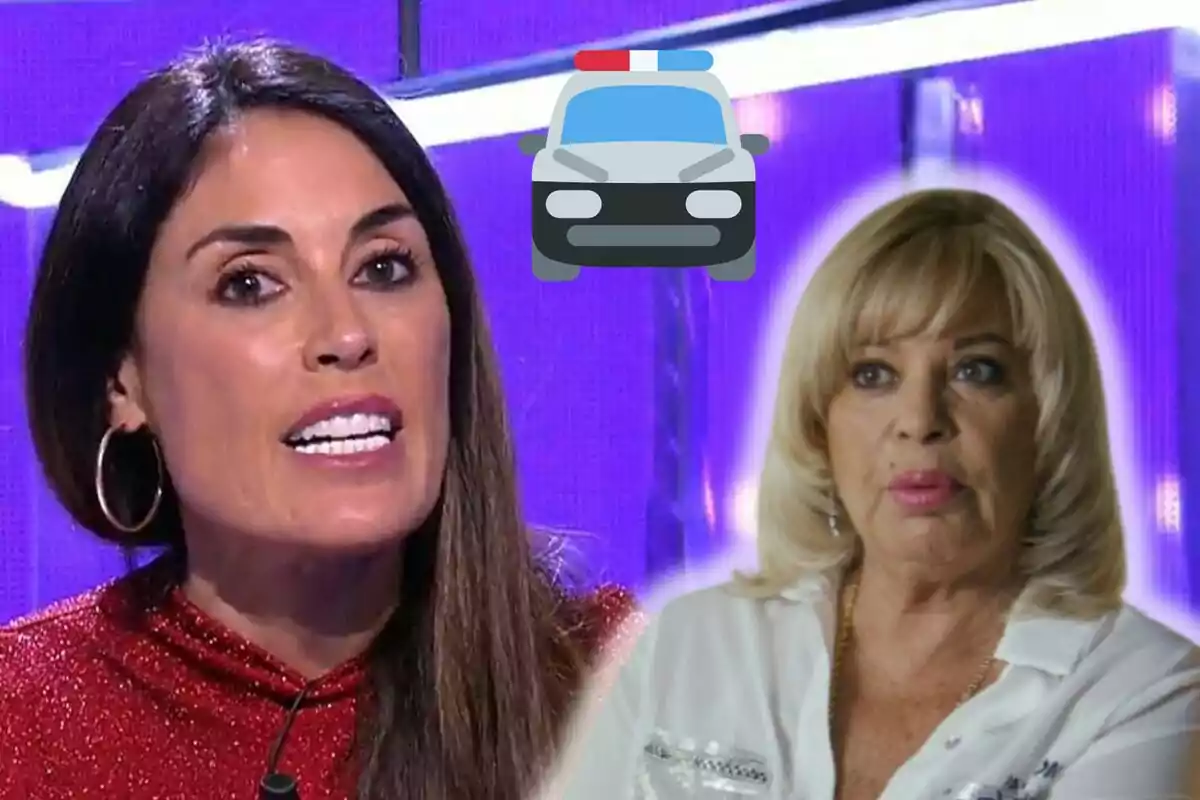 Isabel Rábago i Bárbara Rey en un programa de televisió amb un emoji de cotxe de policia sobre un fons morat.