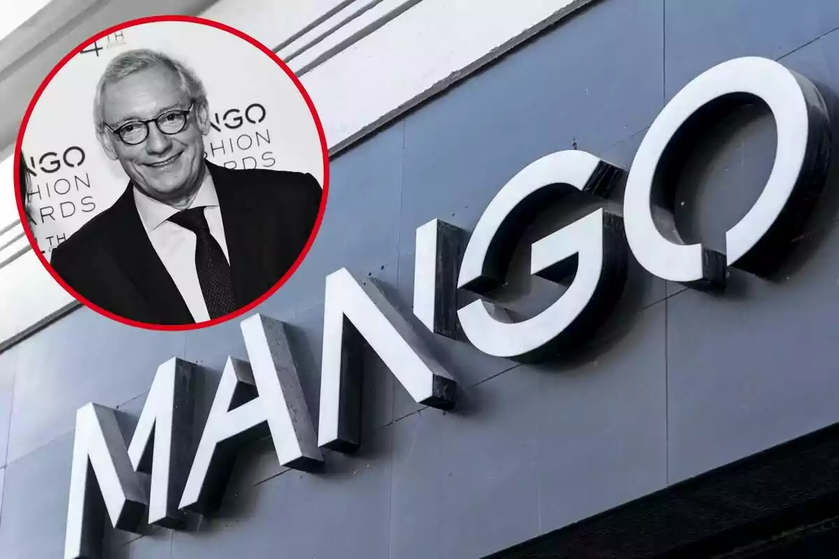 Un letrero de la tienda Mango con un retrato en blanco y negro de un hombre mayor con gafas en un círculo rojo.