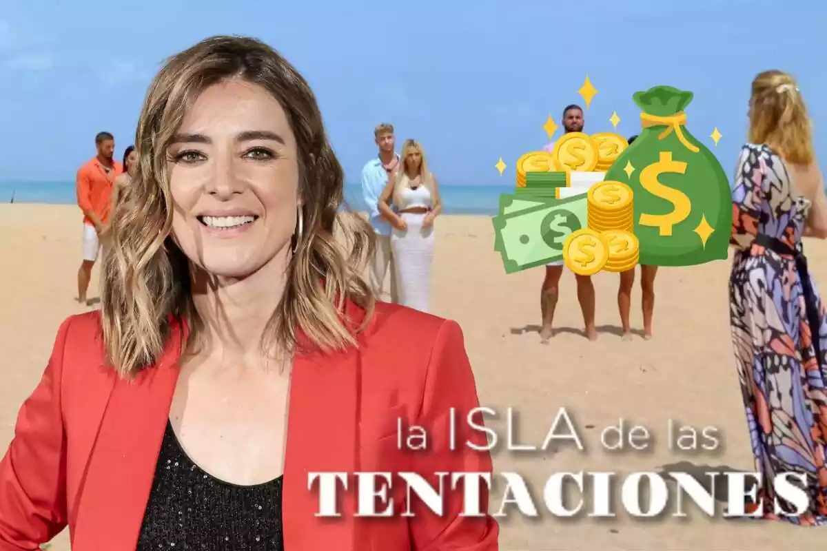 Muntatge de les parelles de 'La Isla de las Tentaciones', Sandra Barneda somrient, el logo del programa i diners