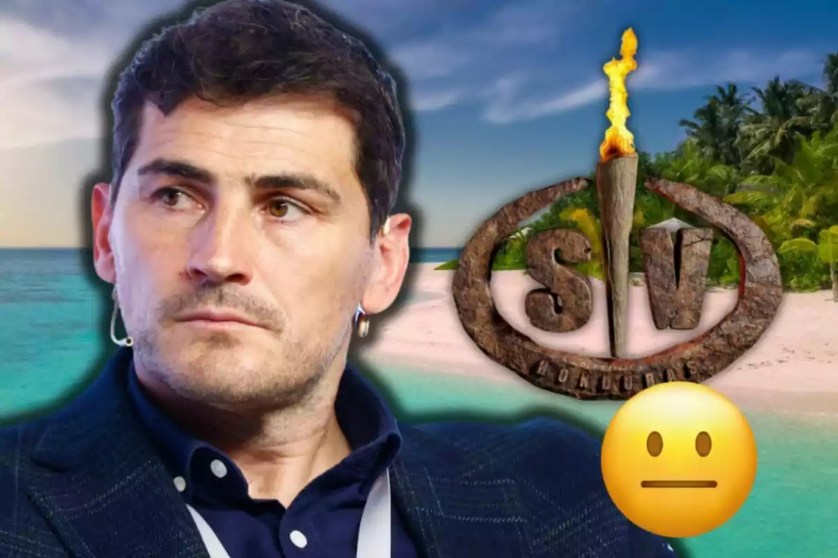 Iker Casillas con expresión seria aparece junto a un logo de "SV Honduras" y un emoji neutral, con un fondo de playa tropical.