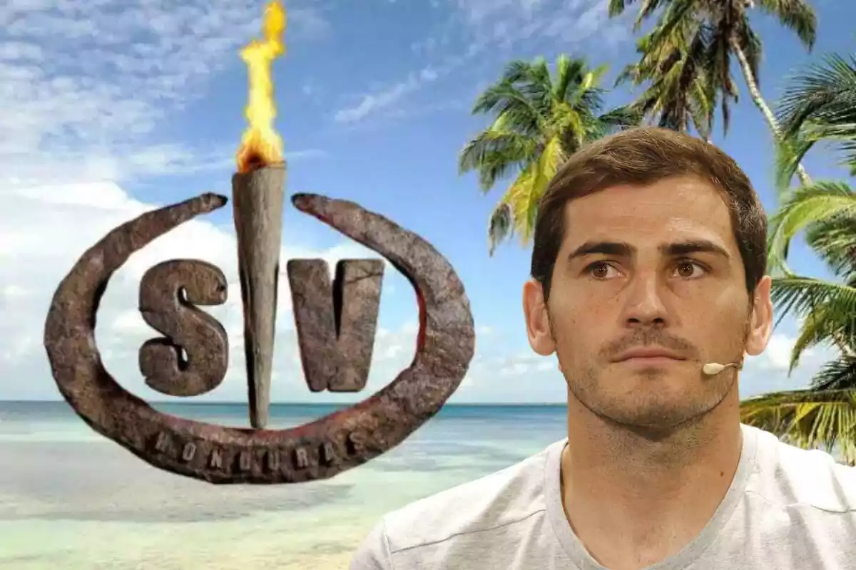 Muntatge amb una illa i el logo de 'Supervivientes', i Iker Casillas mirant de banda amb un micròfon