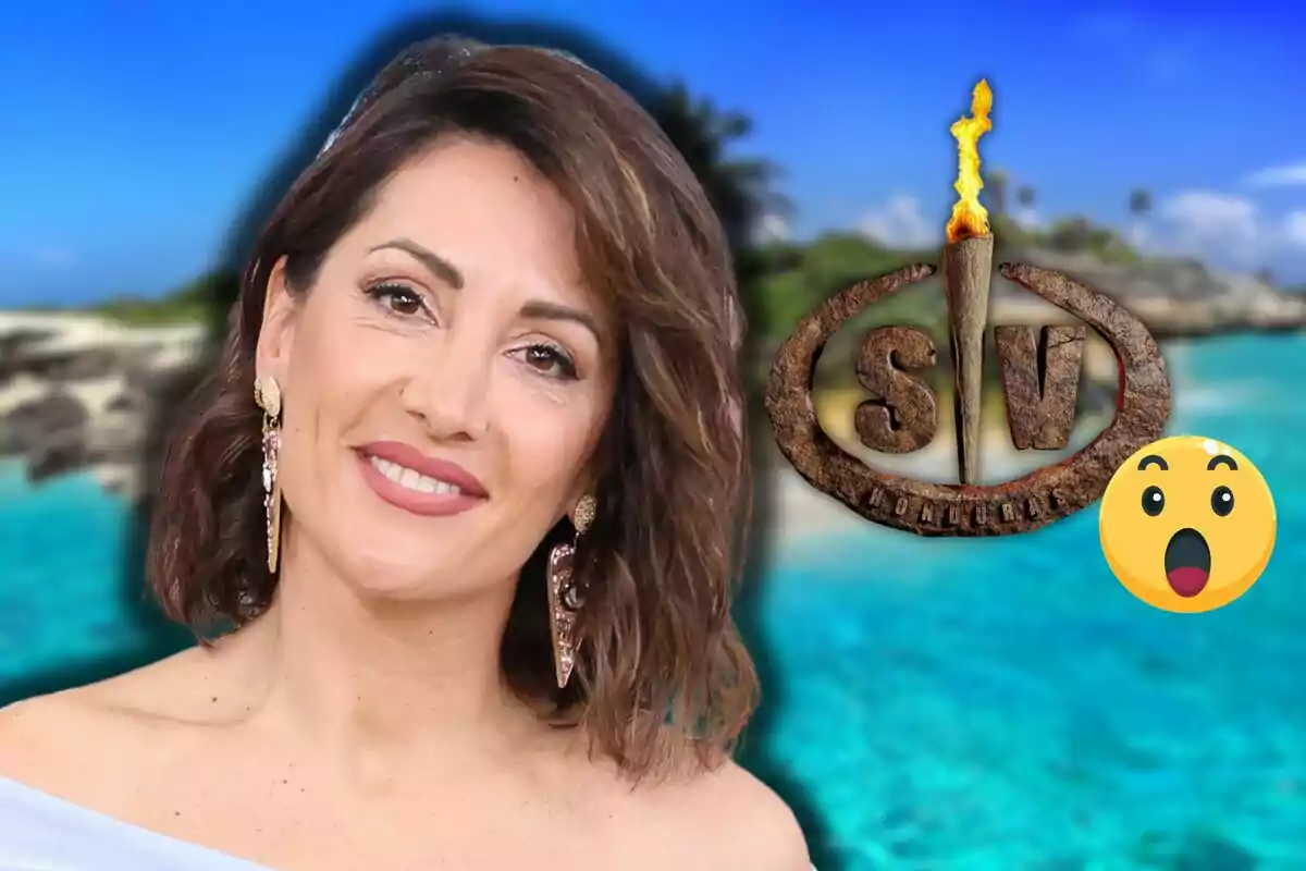 Nagore Robles smiling with brown hair and long earrings in front of a beach background with an "SV" logo and a surprised emoji.