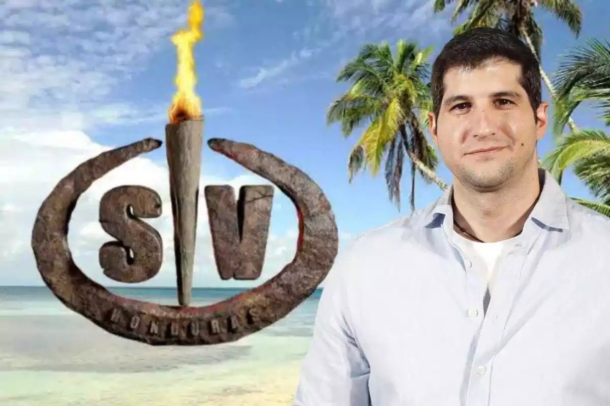 Muntatge amb una platja a una illa, el logotip de 'Supervivientes' i Julián Contreras somrient amb una camisa blava