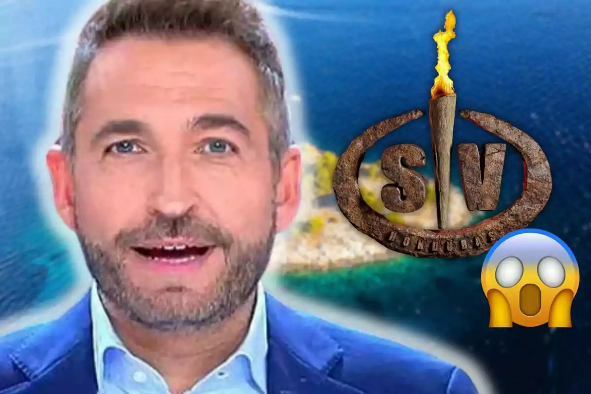 Frank Blanco apareix en primer pla, al costat del logotip d'un programa de televisió amb una torxa i les lletres "SV", sobre un fons de mar i una illa, acompanyat d'un emoji sorprès.