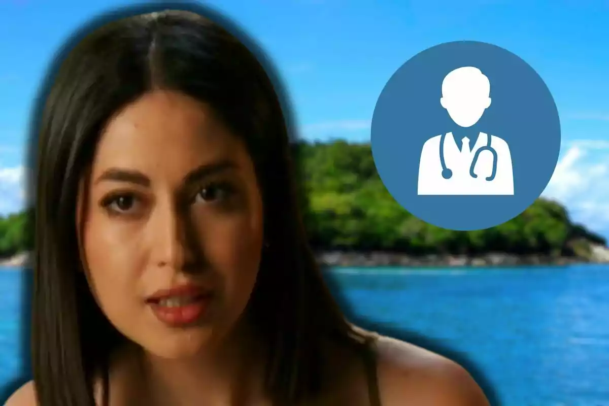 Samya in front of a tropical landscape with a doctor icon in a blue circle.