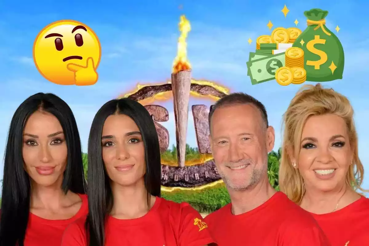 Muntatge d'una illa i el logotip de 'Supervivientes' al fons, Aurah Ruiz, Claudia Martínez, Pedro Aguado i Carmen Borrego a la seva foto oficial, un emoji pensant i diners