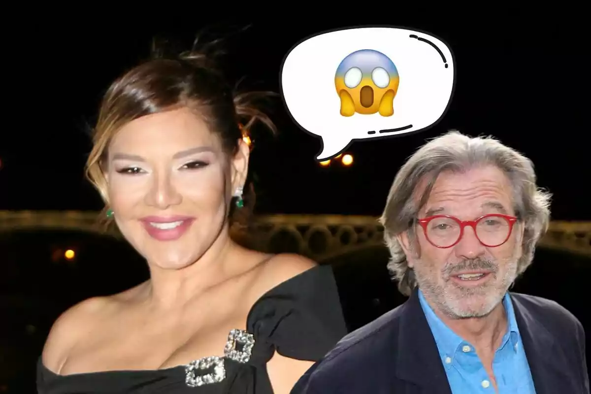 Ivonne Reyes i Pepe Navarro posen juntes en un esdeveniment nocturn, una té un globus de diàleg amb un emoji sorprès.