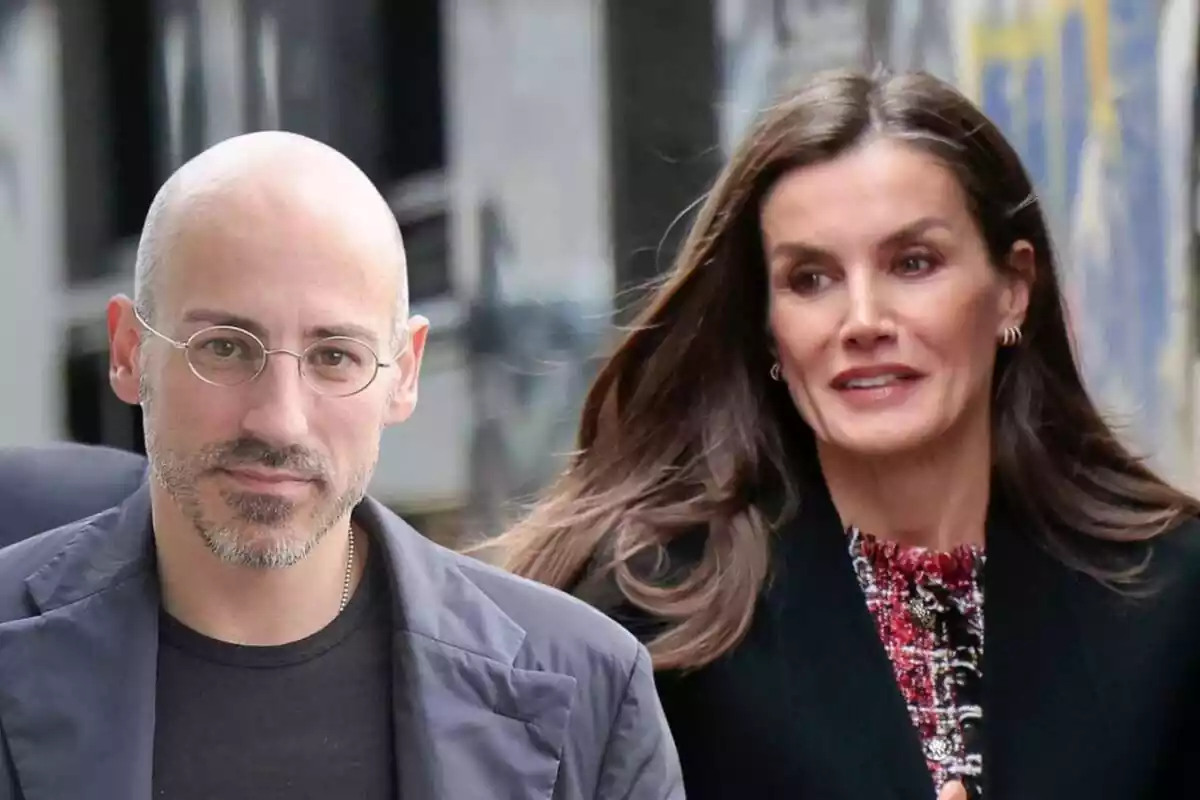 Montage showing Jaime del Burgo smiling in a gray jacket and Letizia looking away as she walks in a black jacket