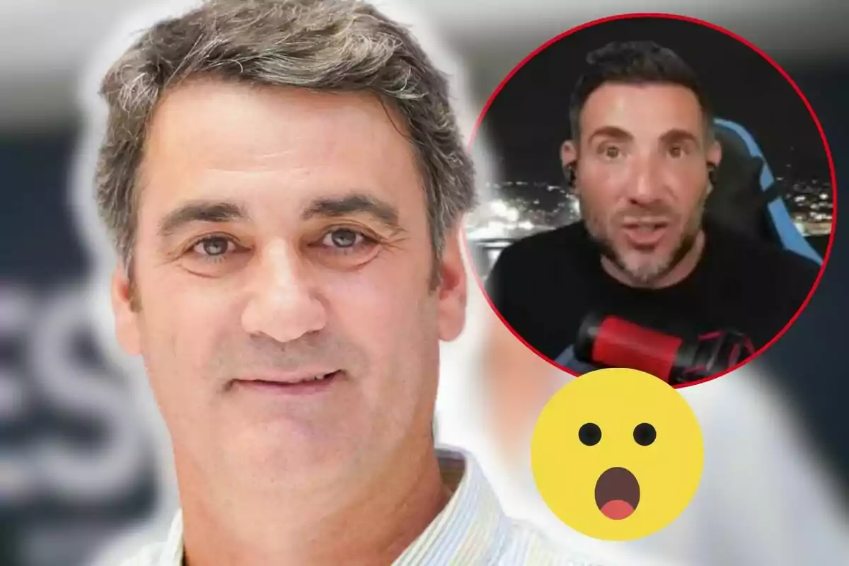 Jesulín de Ubrique de cabell canós en primer pla amb una imatge circular d'Antonio David Flores amb auriculars al fons i un emoji sorprès superposat.