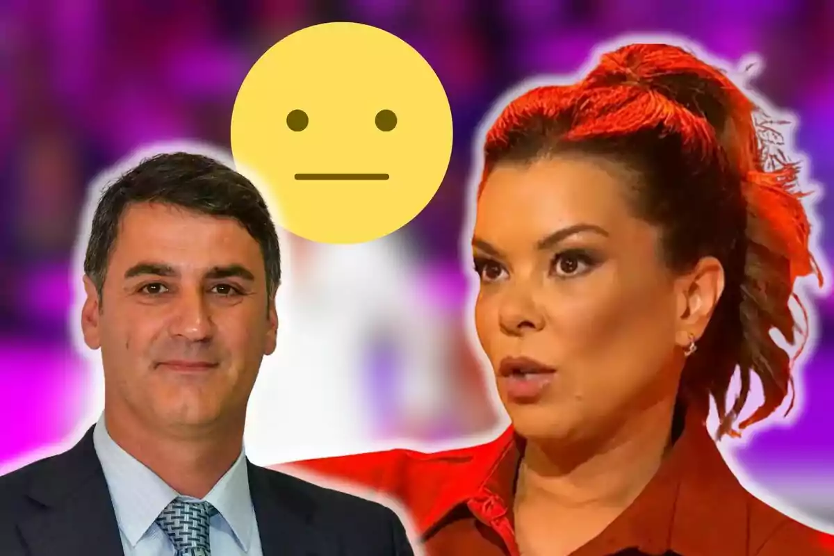 Jesulín de Ubrique y María José Campanario en un fondo colorido con un emoji de expresión neutral flotando entre ellas.