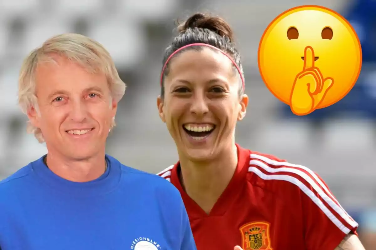 Jesús Calleja i Jennifer Bell somrients, Jesús amb samarreta blava i Jennifer amb samarreta vermella de la selecció espanyola de futbol, amb un emoji de silenci.