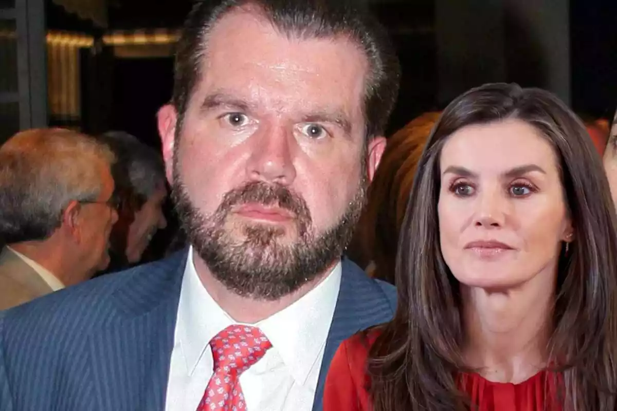 Muntatge de Jesús Ortiz seriós amb un vestit blau i corbata vermella, i Letizia seria amb una brusa vermella