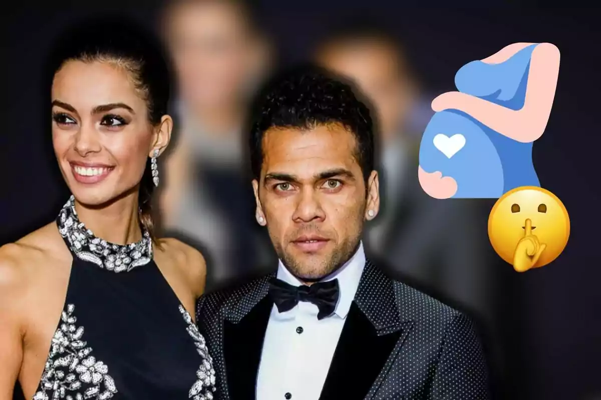 Joana Sanz i Dani Alves elegantment vestits posant, amb un dibuix d’una dona embarassada i un emoji de silenci a la cantonada superior dreta.