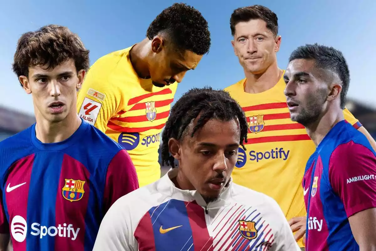 Muntatge de futbolistes del FC Barcelona: Joao Felix, Raphina, Koundé, Lewandowski i Ferran Torres