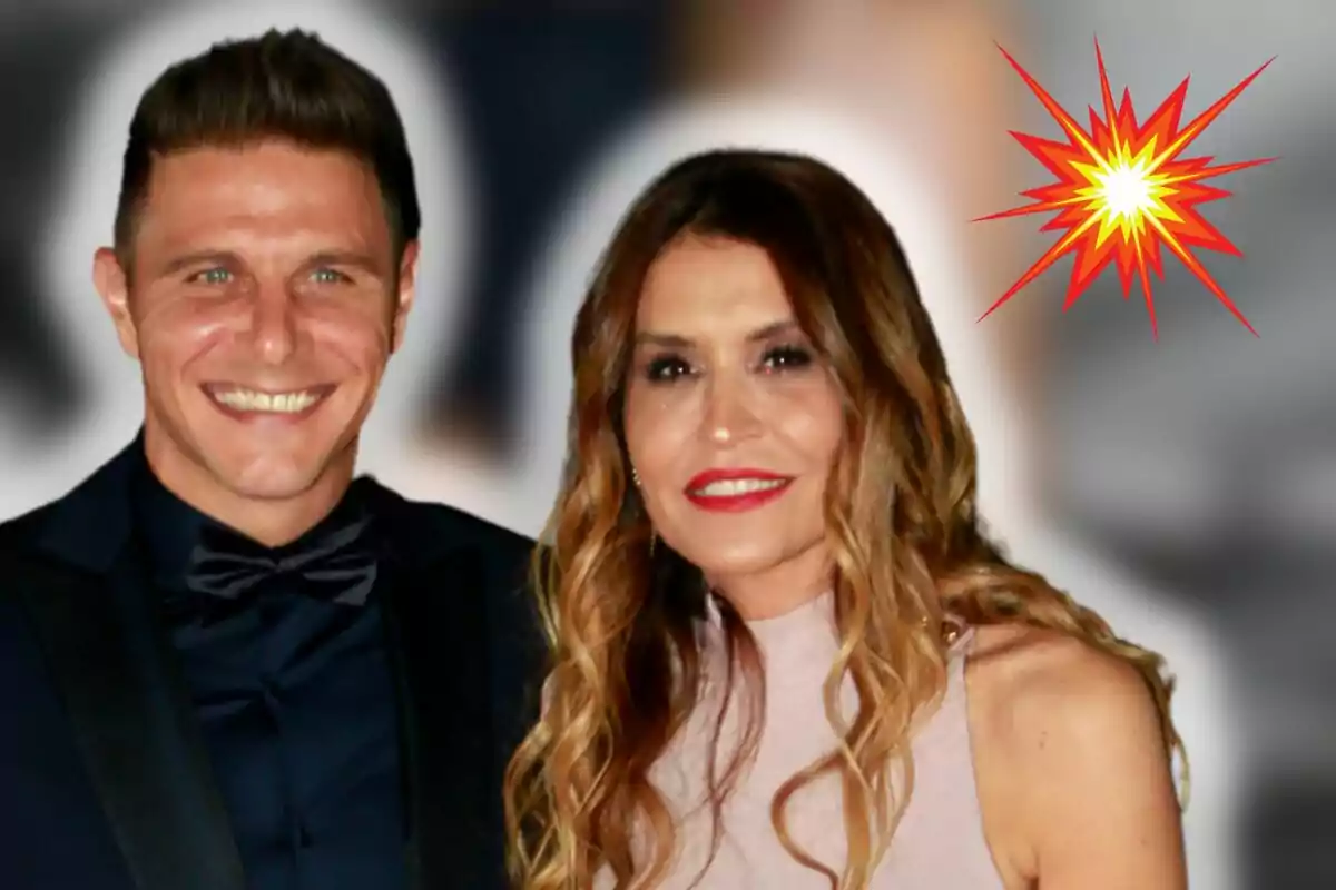 Joaquín Sánchez y Susana Saborido sonriente posando juntos en un evento formal con un fondo desenfocado y un gráfico de explosión en la esquina superior derecha.