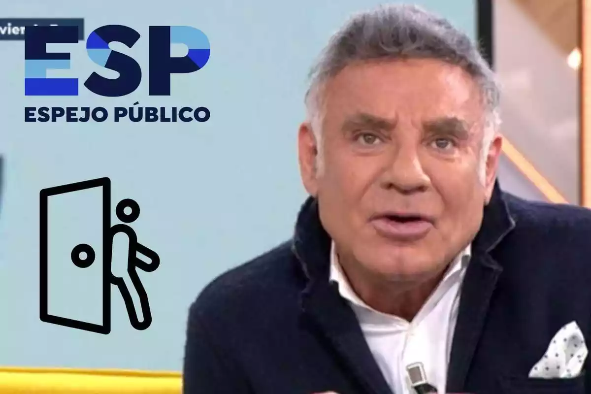 Muntatge de Joaquín Torres enfadat a 'Espejo Publico', el logo del programa i un emoji d'una porta amb algú sortint