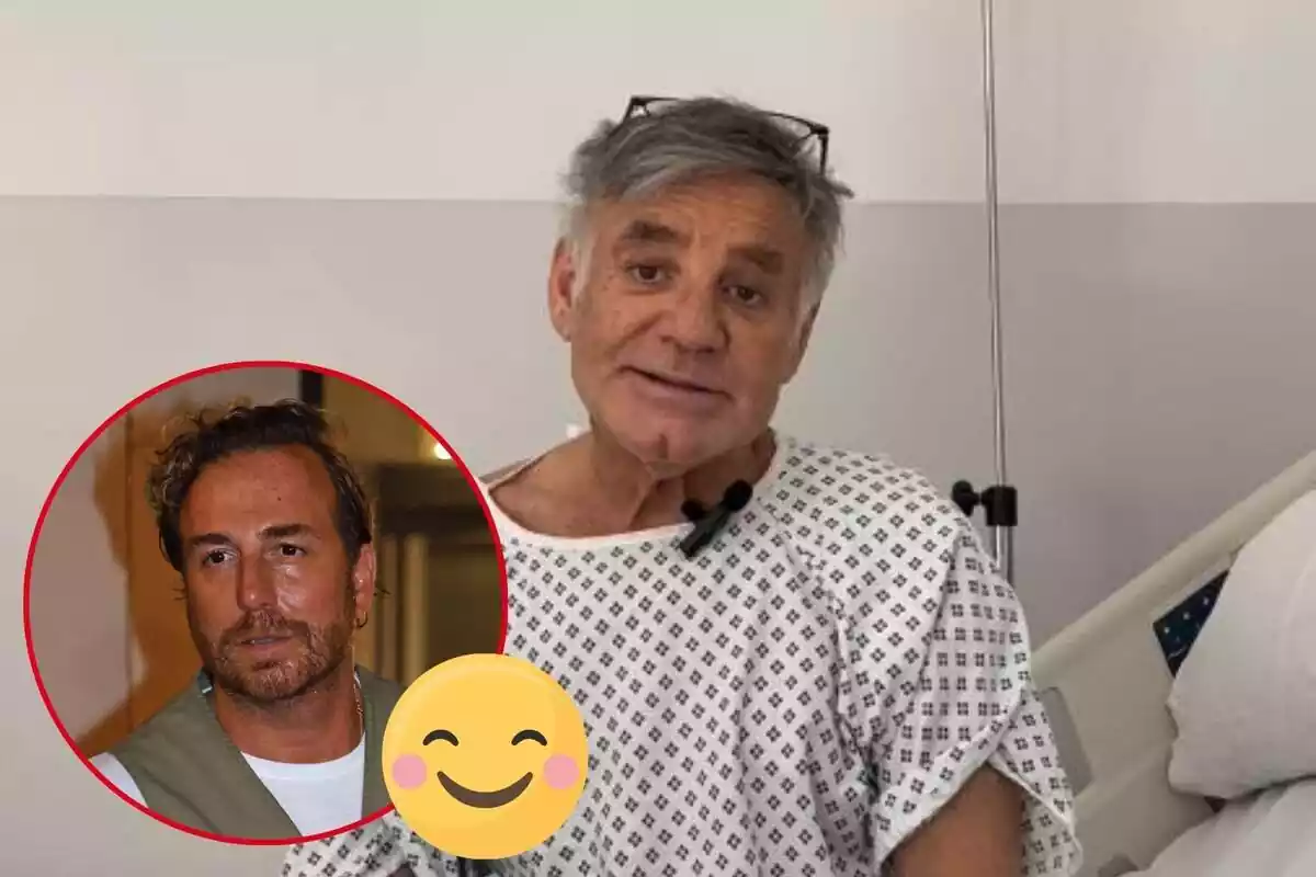 Muntatge de Joaquín Torres parlant amb una bata d'hospital, Raúl Prieto seriós amb armilla marró i un emoji feliç
